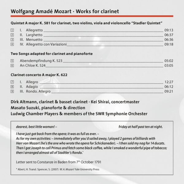 252 CD / Wolfgang Amadé Mozart: Stadler Quintet K. 581, Clarinet Concerto, K. 622 Aria K. 523 & 524 - Image 2