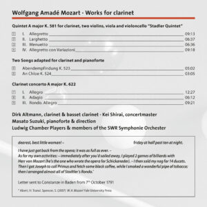 252 CD / Wolfgang Amadé Mozart: Stadler Quintet K. 581, Clarinet Concerto, K. 622 Aria K. 523 & 524