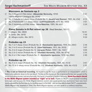 204 CD / The Welte Mignon Mystery Vol. XX. Sergei Rachmaninoff